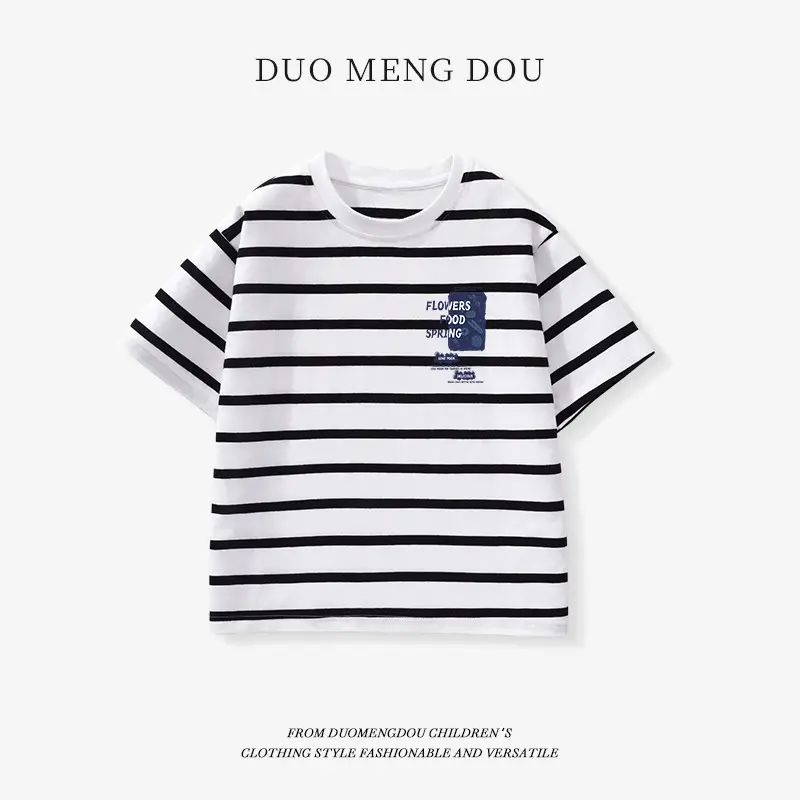 Kids Striped T-Shirt Medium Large Collar Top - Image 4