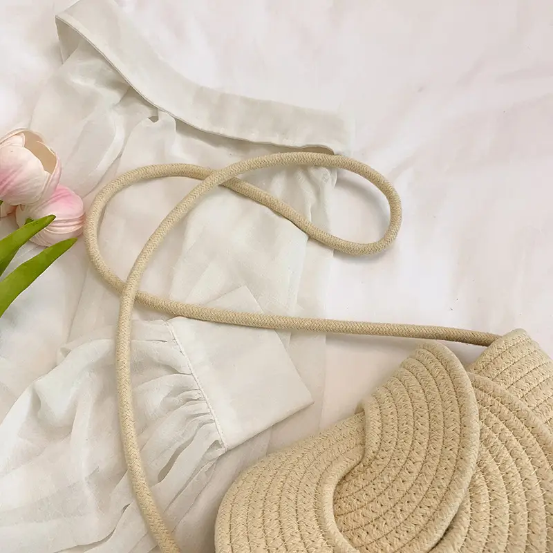 Beige Woven Shoulder Crossbody Bag with Pearl Accents - Image 5