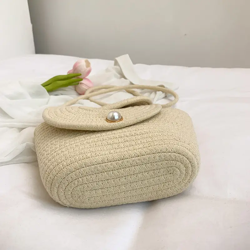 Beige Woven Shoulder Crossbody Bag with Pearl Accents - Image 6