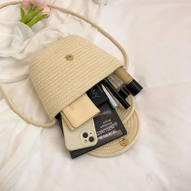 Beige Woven Shoulder Crossbody Bag with Pearl Accents - Image 7