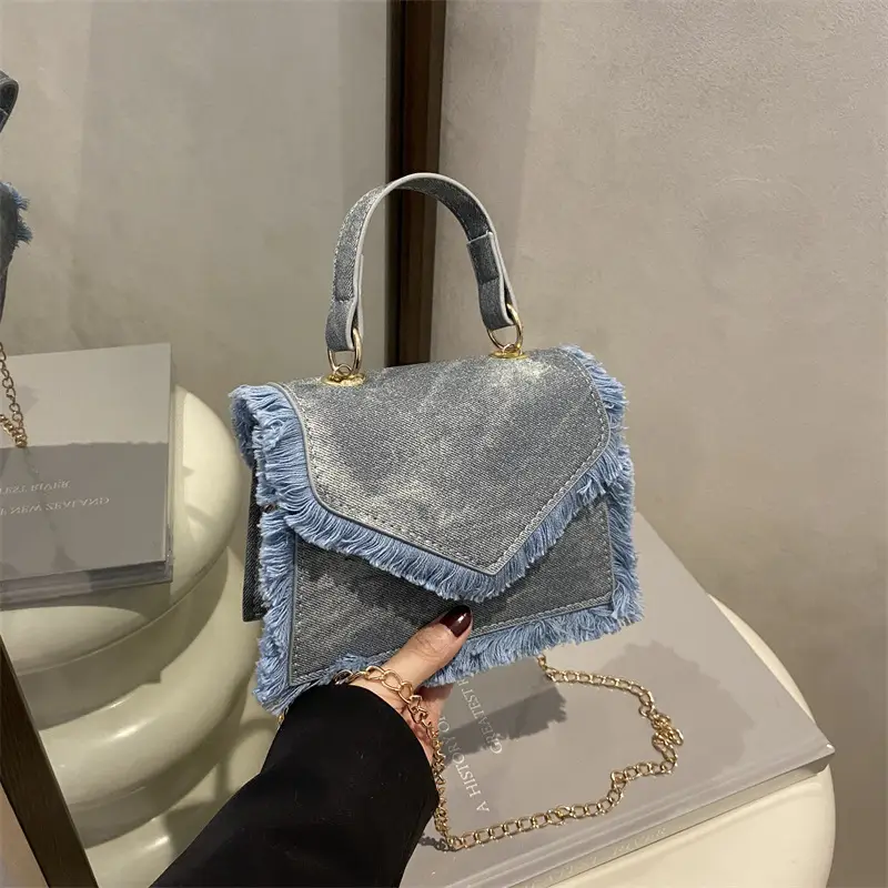 Women's Blue Velvet Crossbody Bag with Fringe Handle - Image 4
