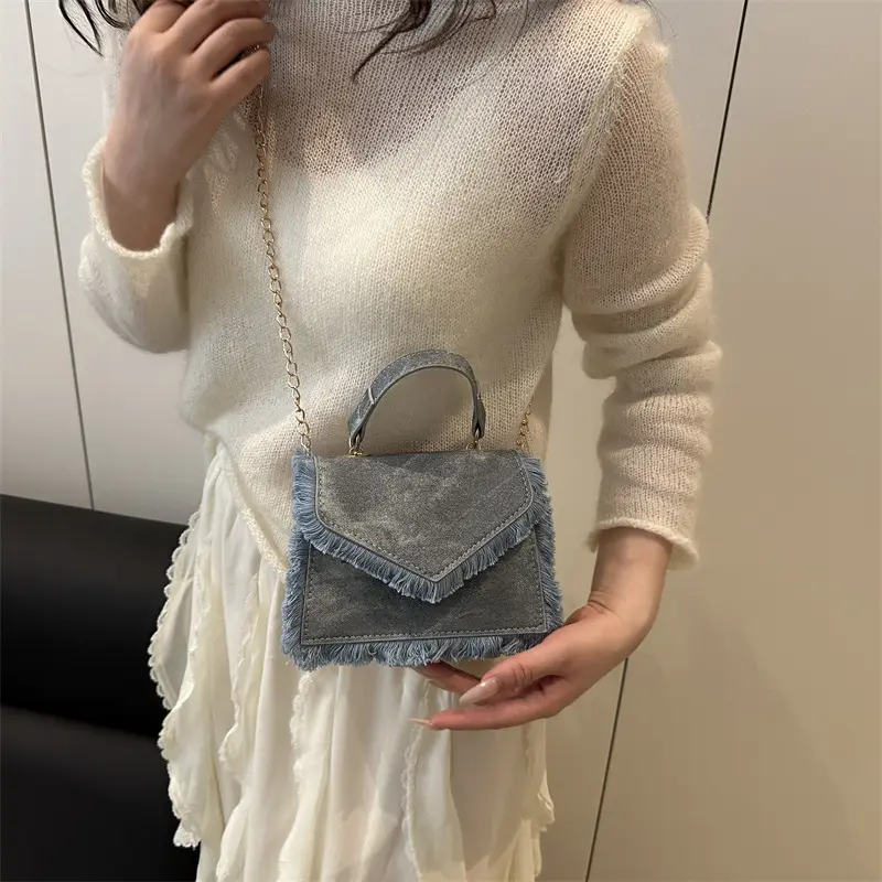 Women's Blue Velvet Crossbody Bag with Fringe Handle - Image 6