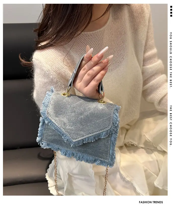 Women's Blue Velvet Crossbody Bag with Fringe Handle — feature 1