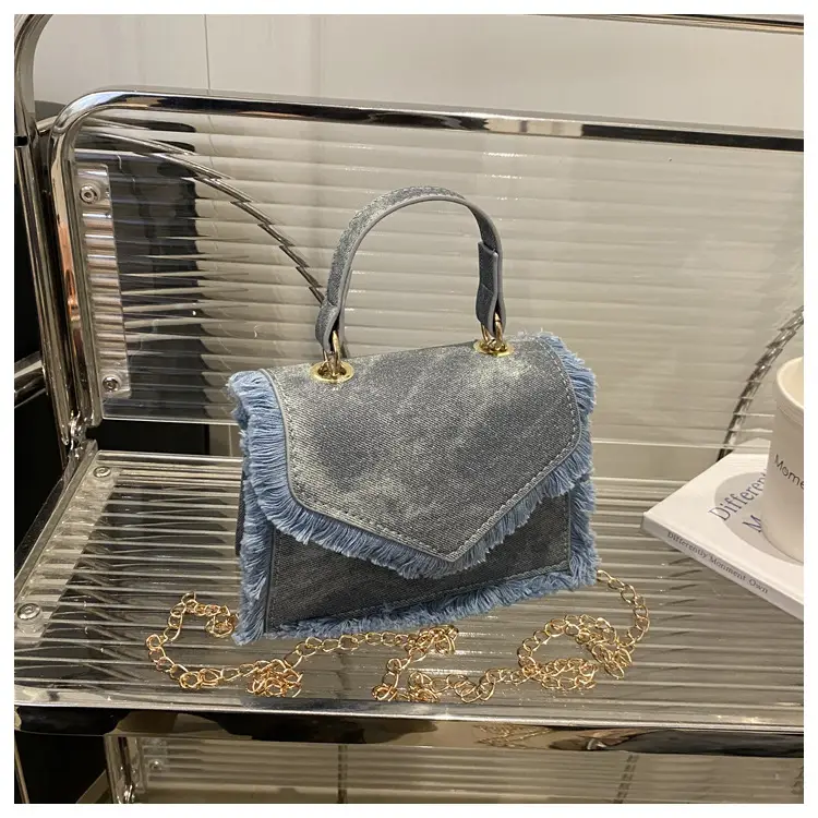 Women's Blue Velvet Crossbody Bag with Fringe Handle — feature 10