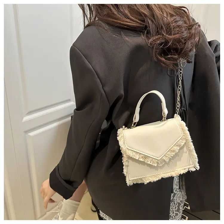 Women's Blue Velvet Crossbody Bag with Fringe Handle — feature 17