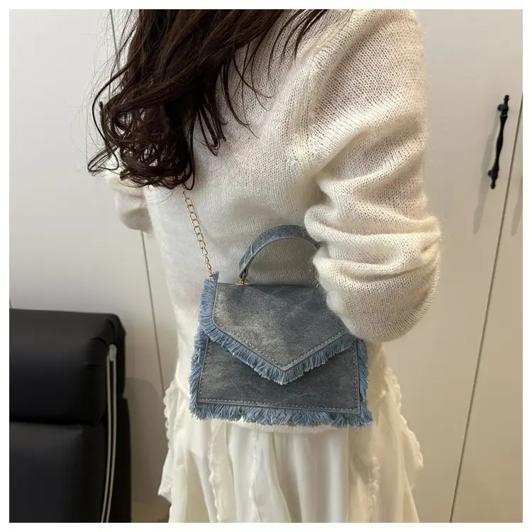 Women's Blue Velvet Crossbody Bag with Fringe Handle — feature 18