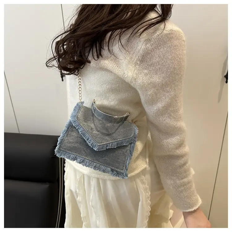 Women's Blue Velvet Crossbody Bag with Fringe Handle — feature 19