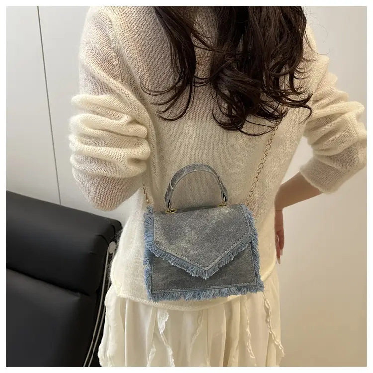Women's Blue Velvet Crossbody Bag with Fringe Handle — feature 20