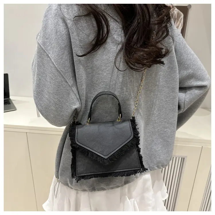 Women's Blue Velvet Crossbody Bag with Fringe Handle — feature 21