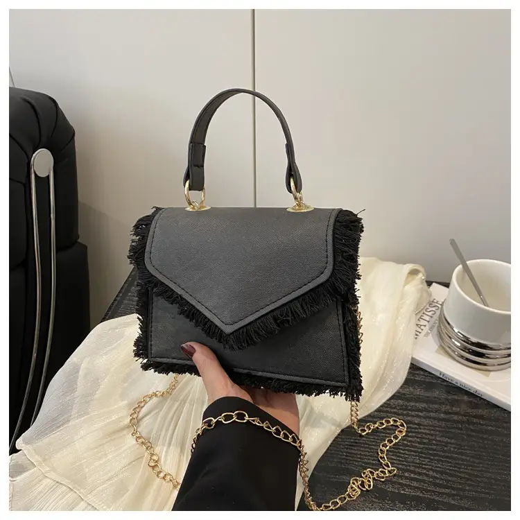 Women's Blue Velvet Crossbody Bag with Fringe Handle - Image 2