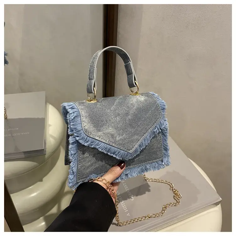 Women's Blue Velvet Crossbody Bag with Fringe Handle - Image 3