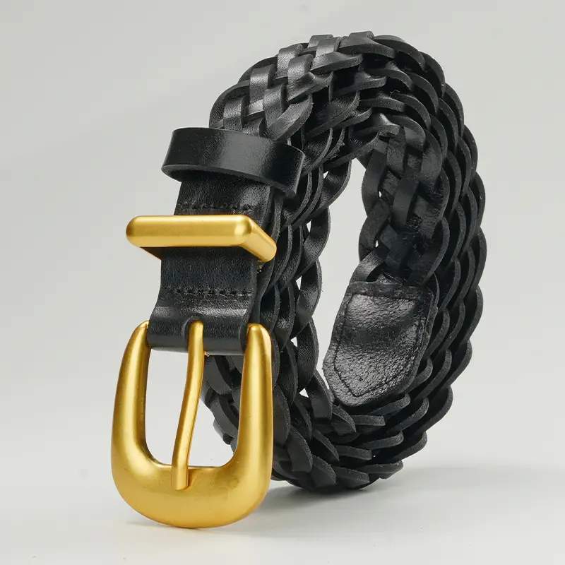 Gold Buckle Braided Black Belt for Women