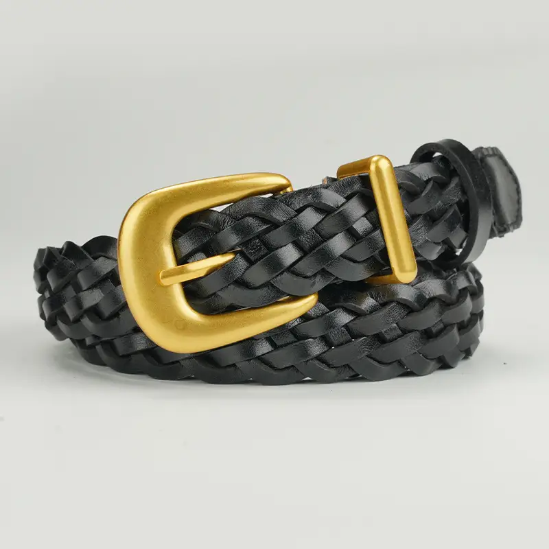 Gold Buckle Braided Black Belt for Women