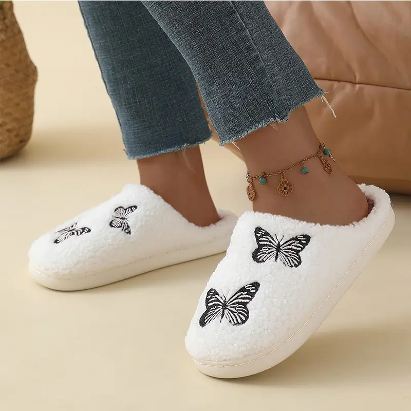 Butterfly Embroidered White Slippers for Men
