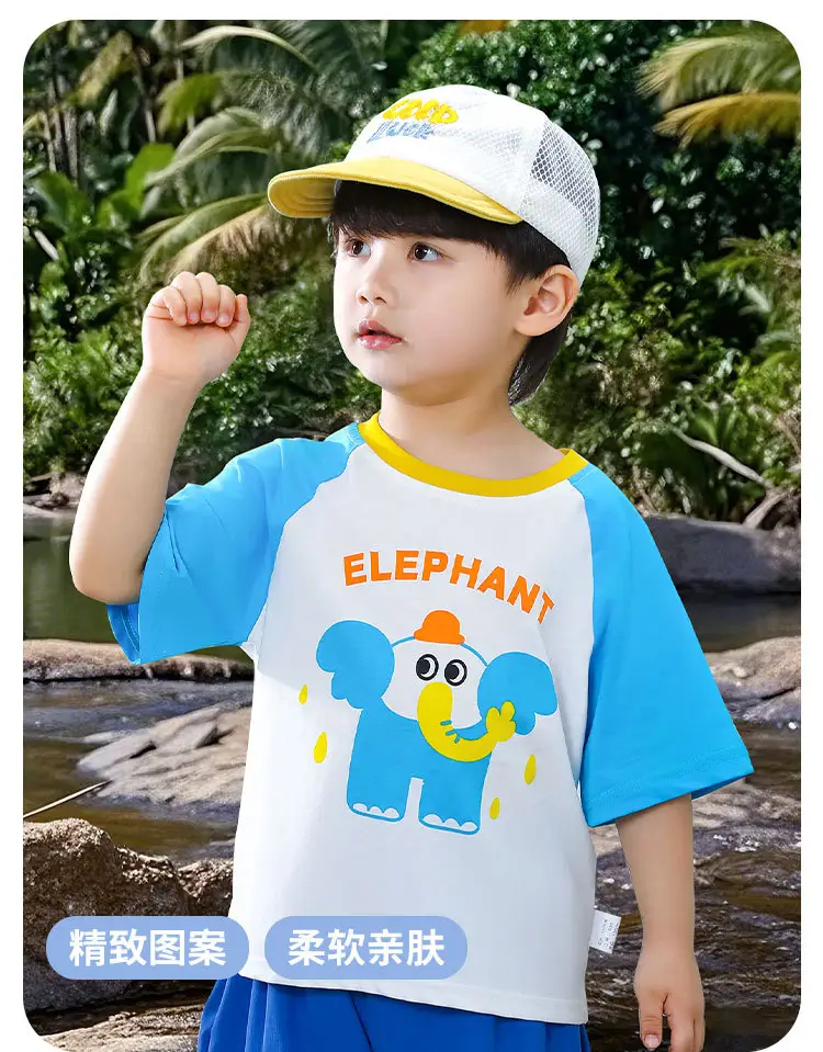 Elephant Cartoon T-Shirt for Boys Blue White Washable — feature 2