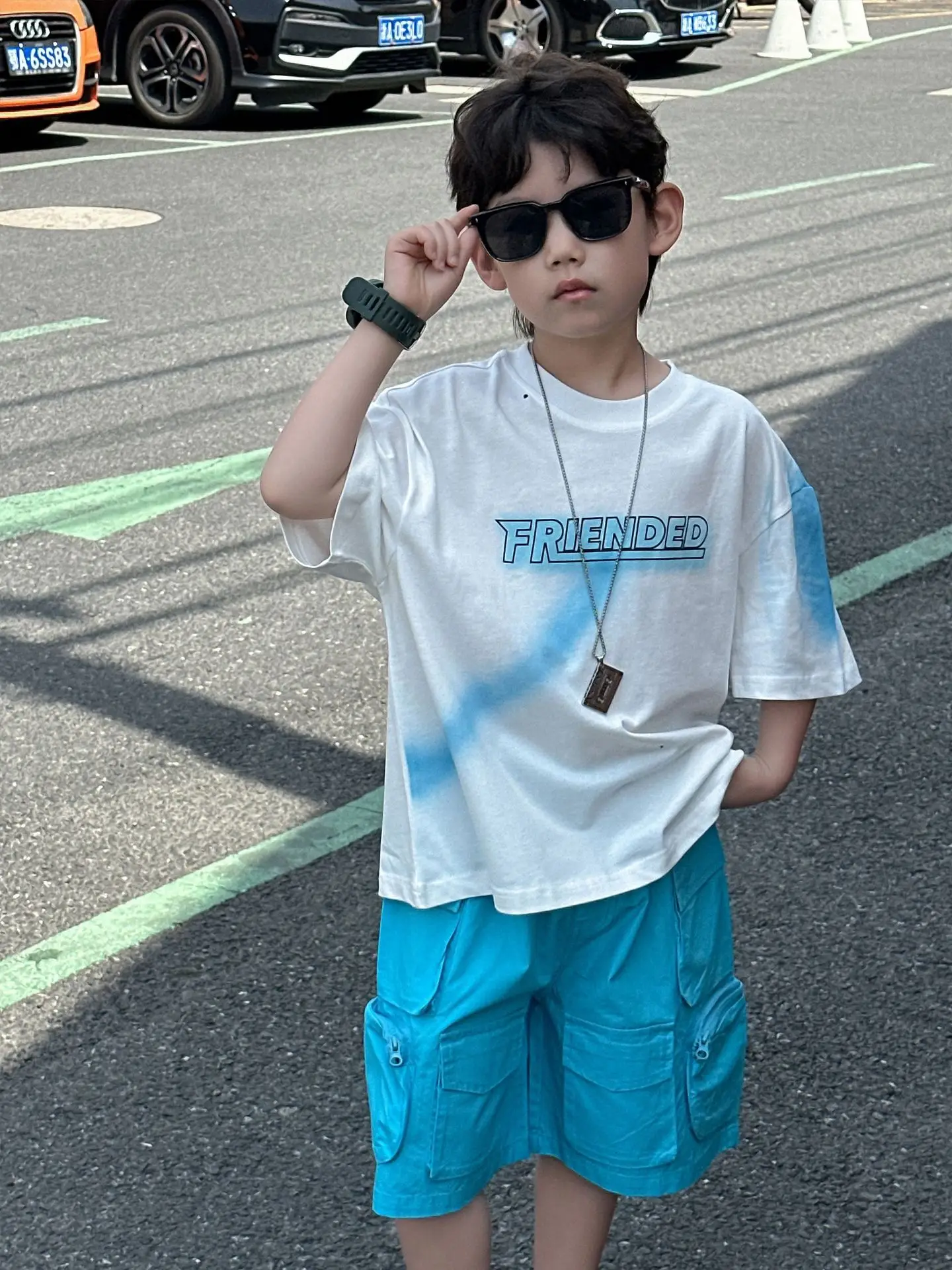 Kids Cotton Summer T-Shirt Blue Short Sleeve Korean Style - Image 3