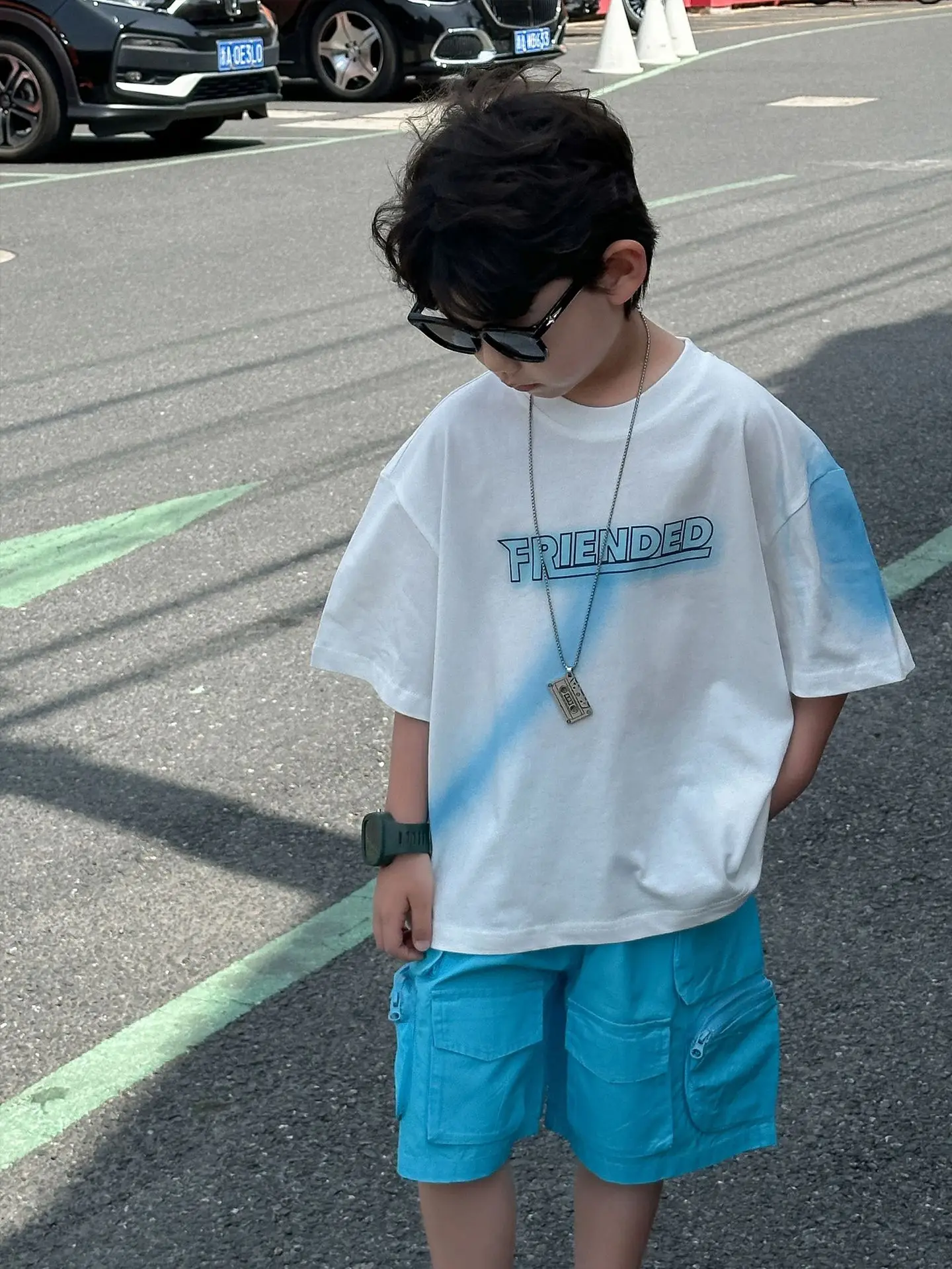 Kids Cotton Summer T-Shirt Blue Short Sleeve Korean Style - Image 4