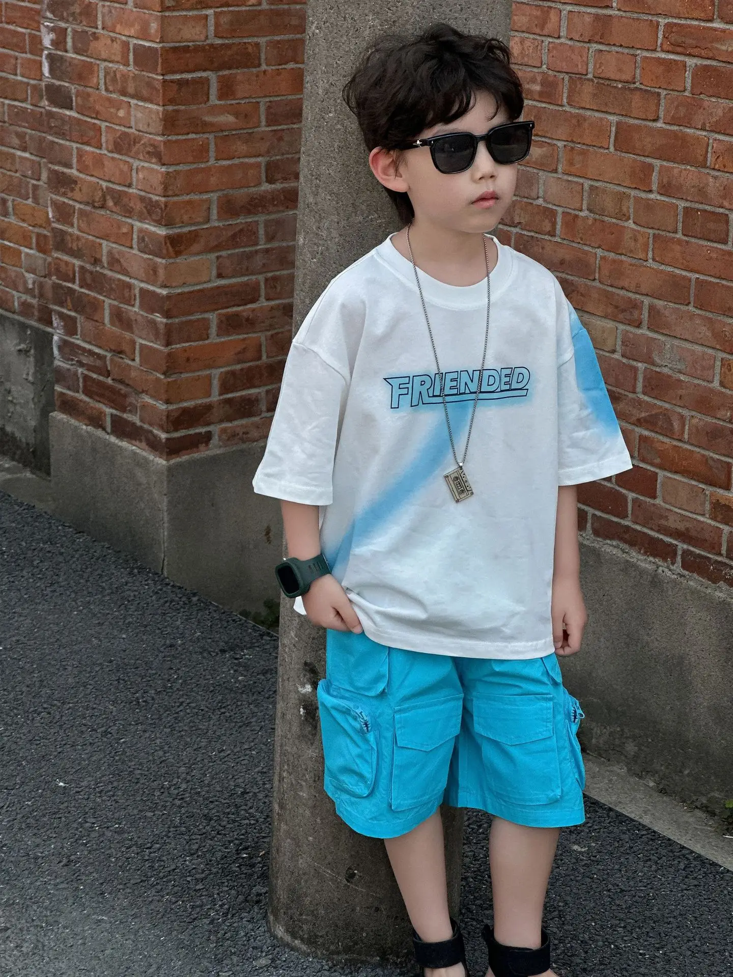 Kids Cotton Summer T-Shirt Blue Short Sleeve Korean Style - Image 6