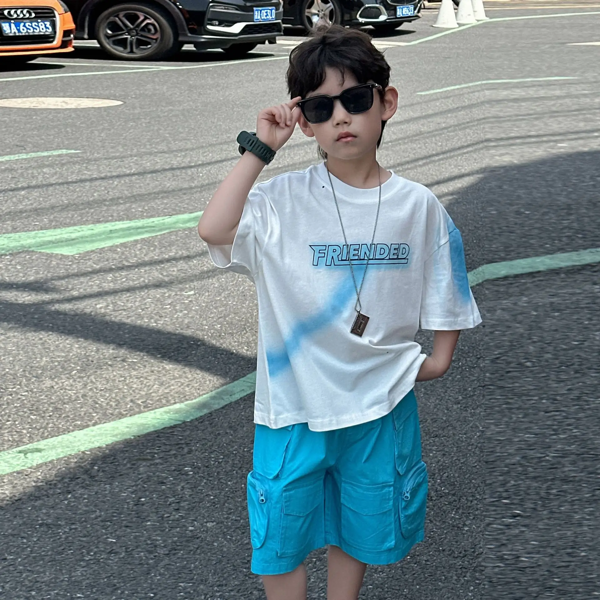 Kids Cotton Summer T-Shirt Blue Short Sleeve Korean Style — feature 10