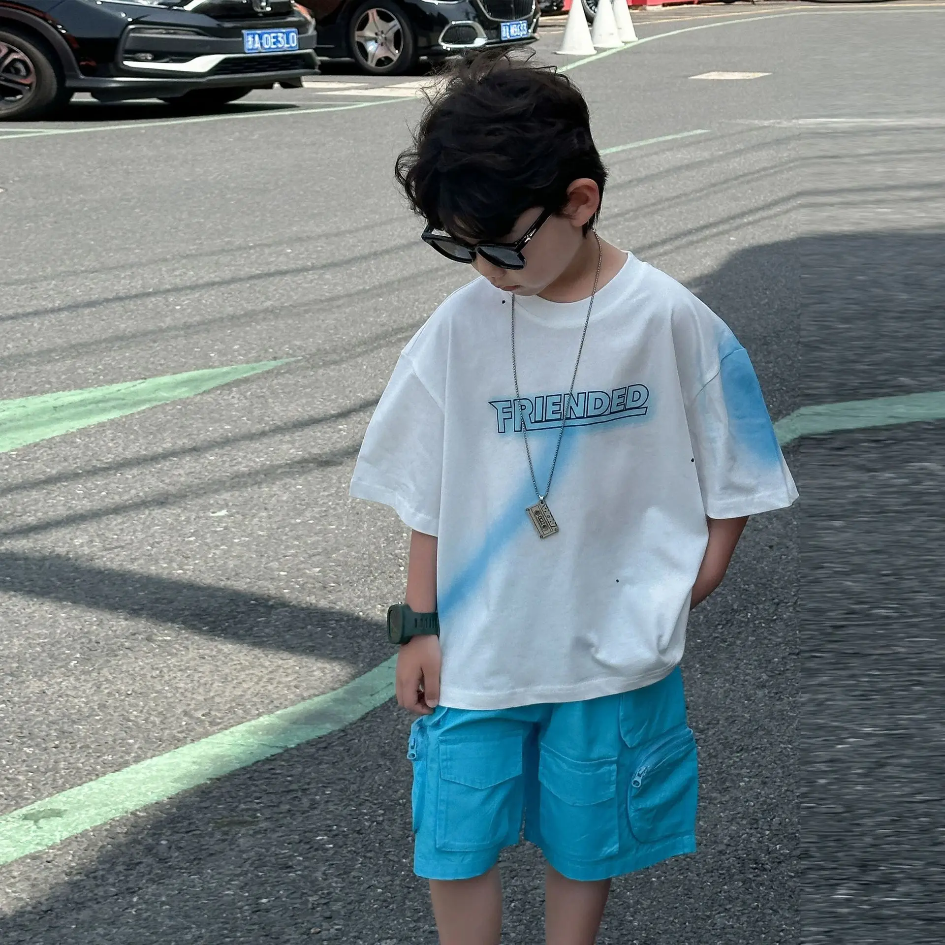 Kids Cotton Summer T-Shirt Blue Short Sleeve Korean Style — feature 11