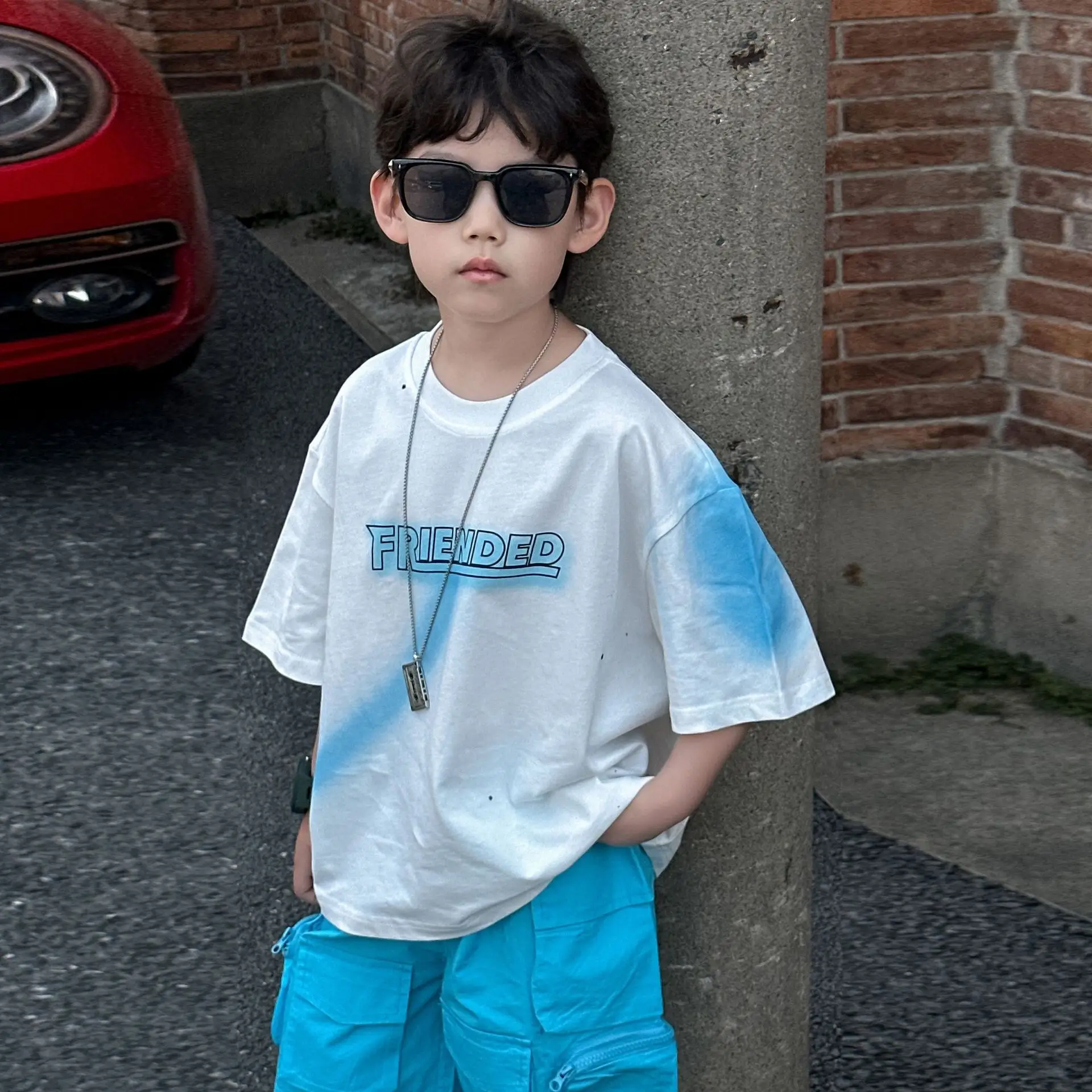 Kids Cotton Summer T-Shirt Blue Short Sleeve Korean Style — feature 12