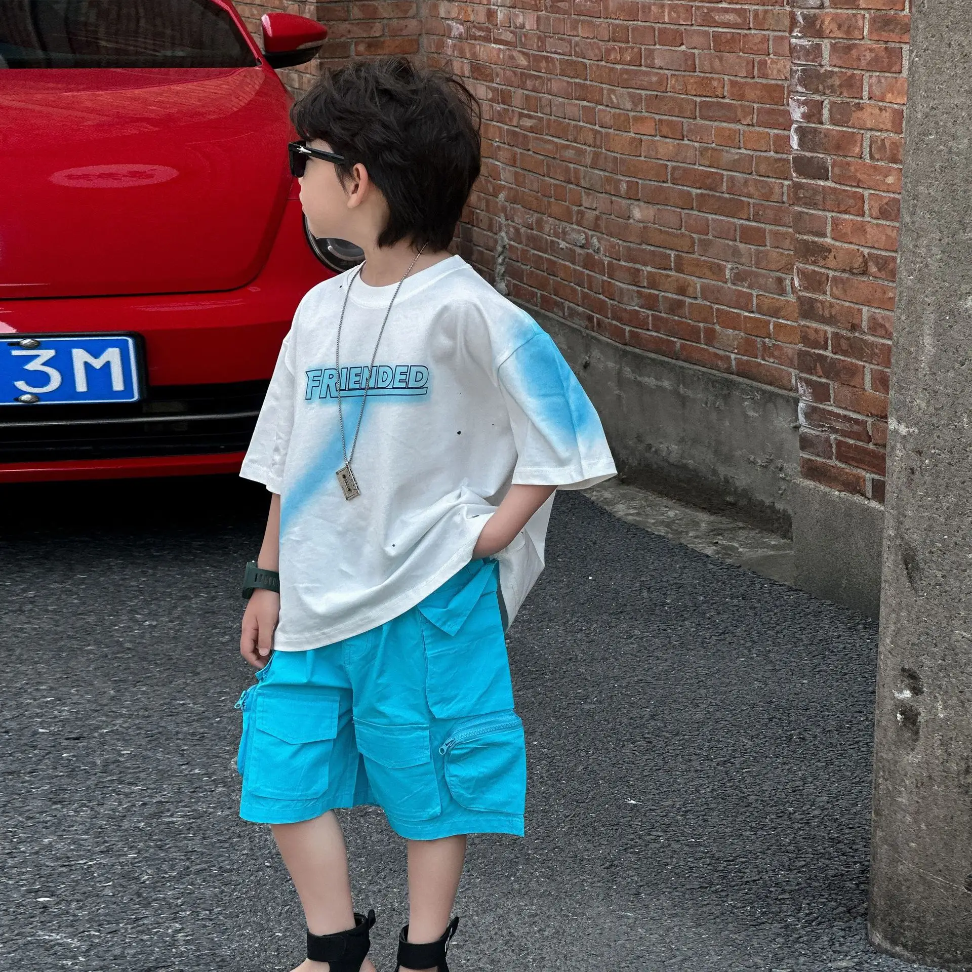 Kids Cotton Summer T-Shirt Blue Short Sleeve Korean Style — feature 13