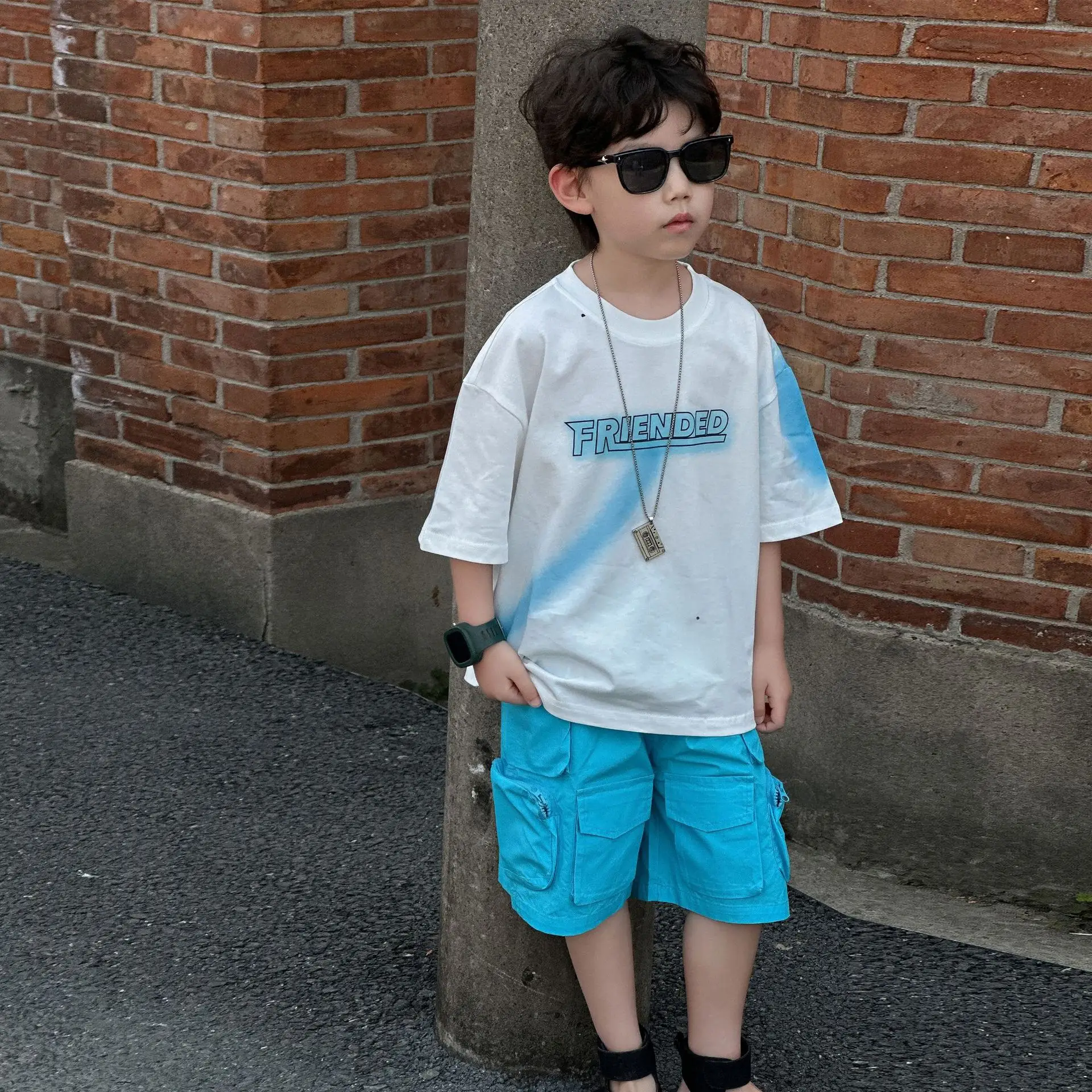 Kids Cotton Summer T-Shirt Blue Short Sleeve Korean Style — feature 14