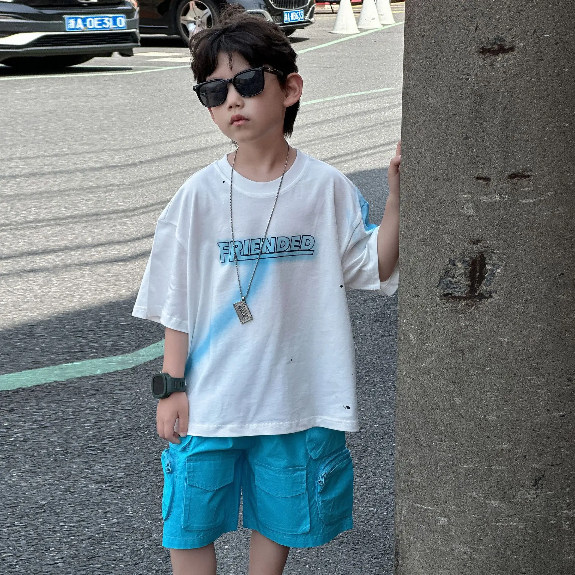Kids Cotton Summer T-Shirt Blue Short Sleeve Korean Style — feature 3