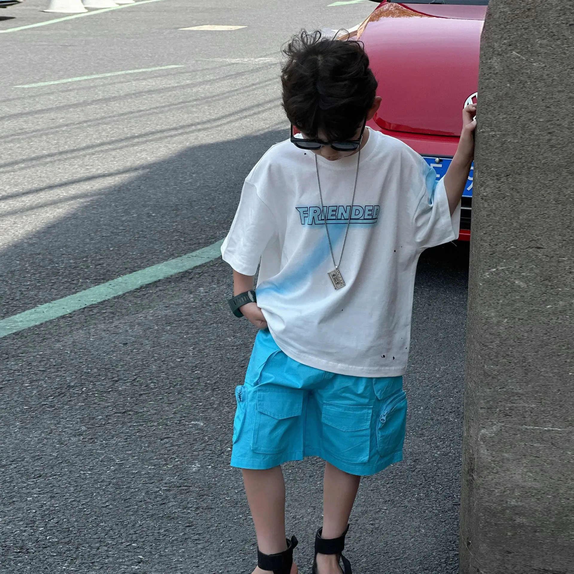Kids Cotton Summer T-Shirt Blue Short Sleeve Korean Style — feature 7
