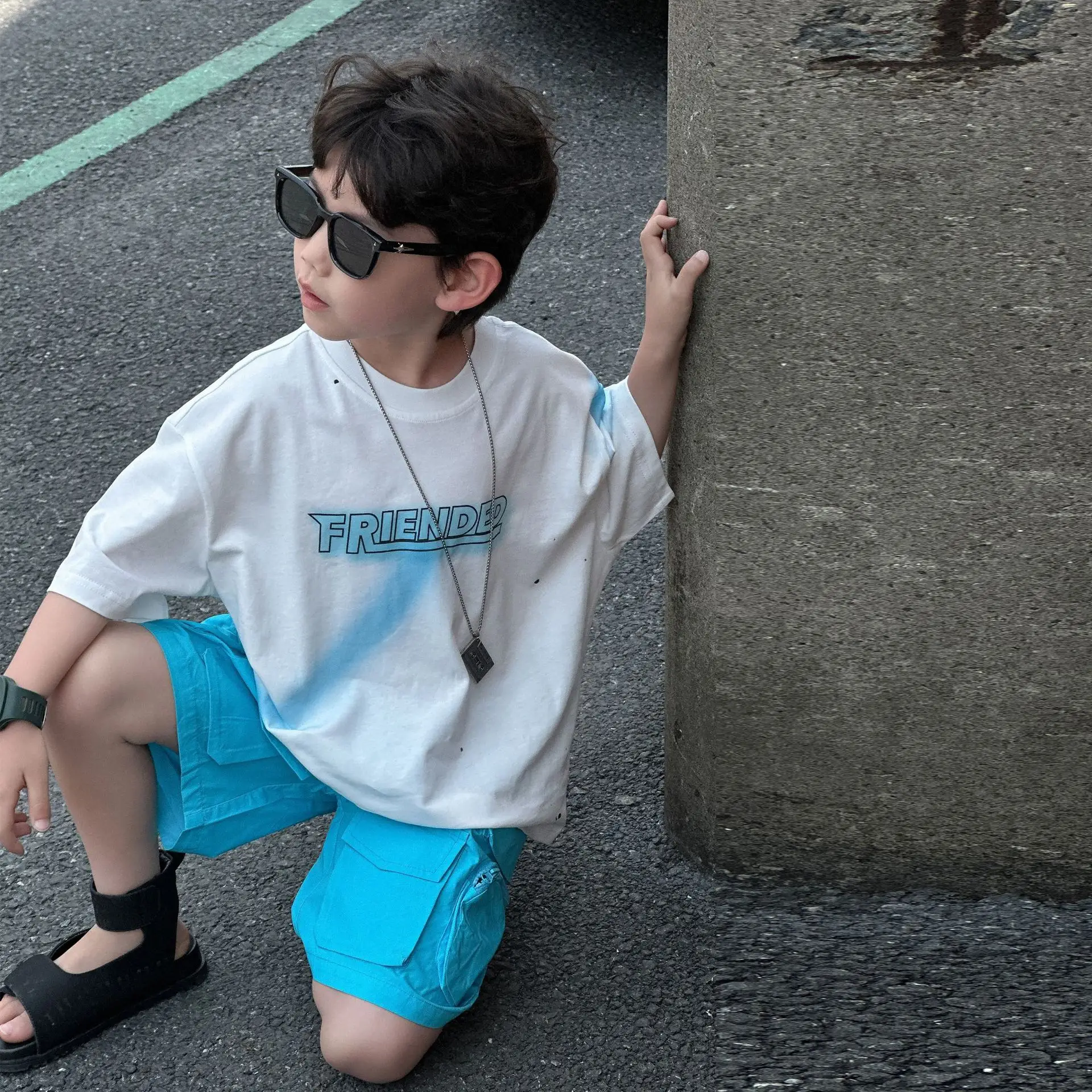 Kids Cotton Summer T-Shirt Blue Short Sleeve Korean Style — feature 8