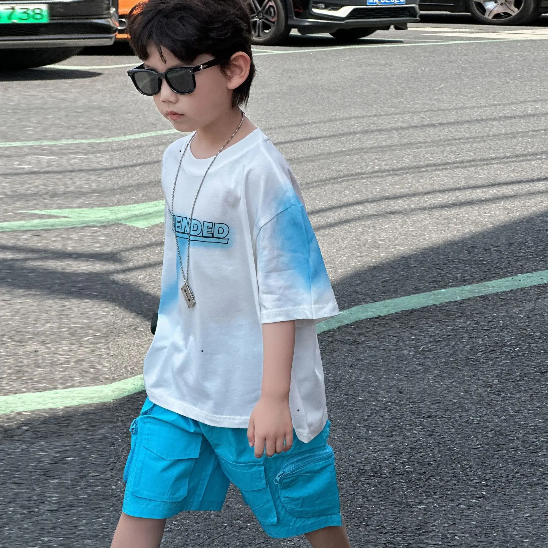 Kids Cotton Summer T-Shirt Blue Short Sleeve Korean Style — feature 9