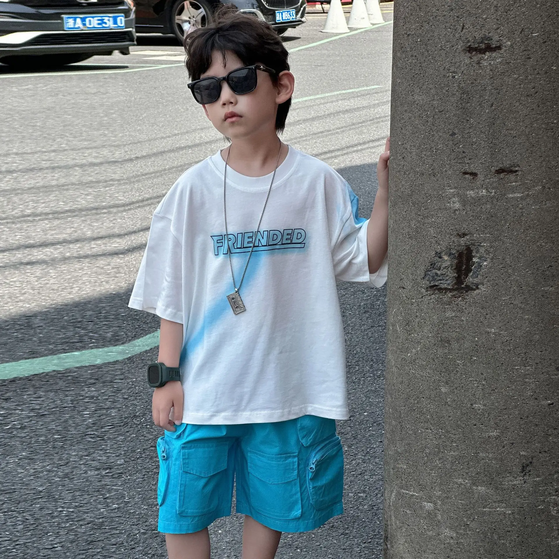 Kids Cotton Summer T-Shirt Blue Short Sleeve Korean Style