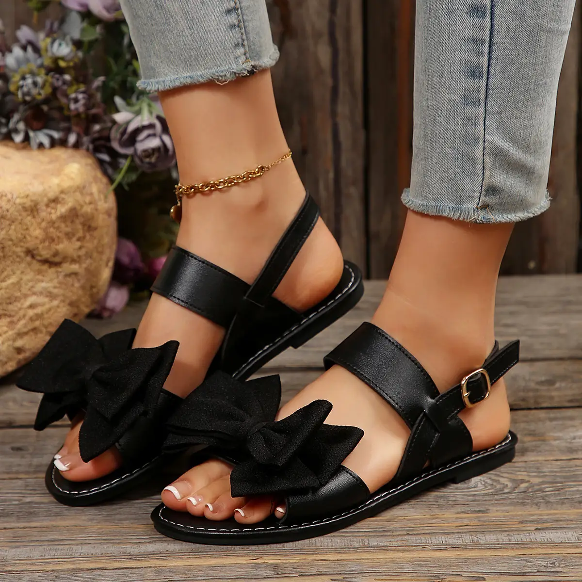 Women's Black Bow Flat Sandals 2025 Plus Size - Image 3