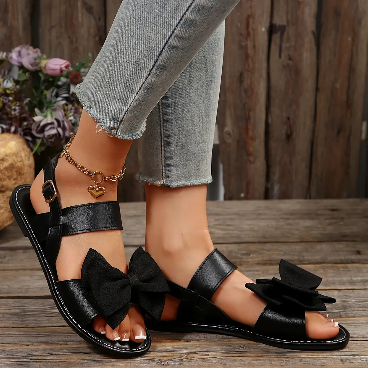 Women's Black Bow Flat Sandals 2025 Plus Size - Image 5