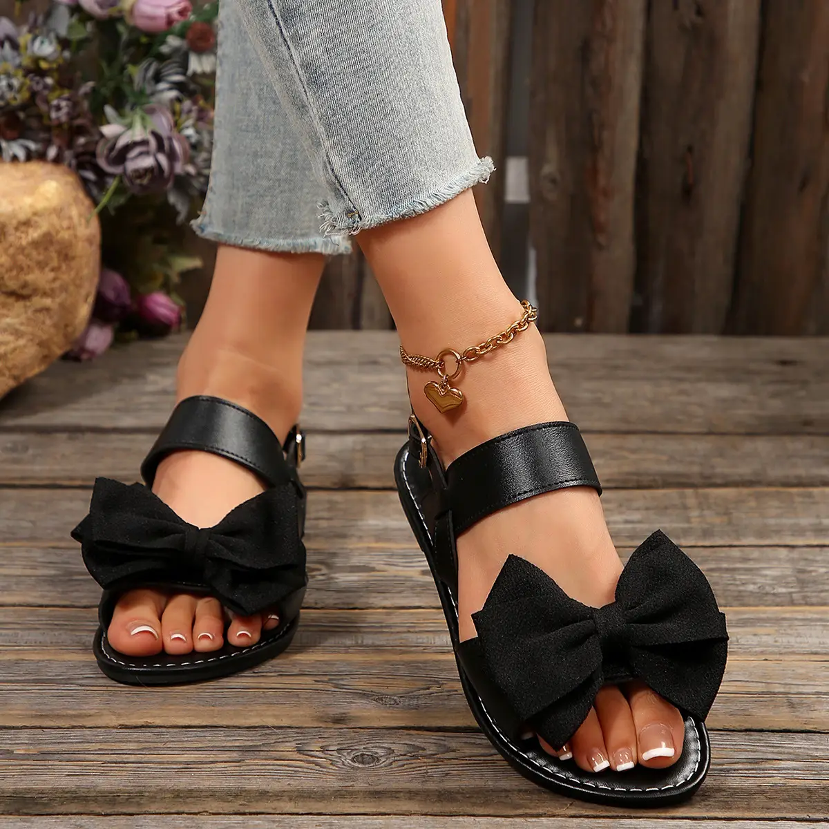Women's Black Bow Flat Sandals 2025 Plus Size — feature 3