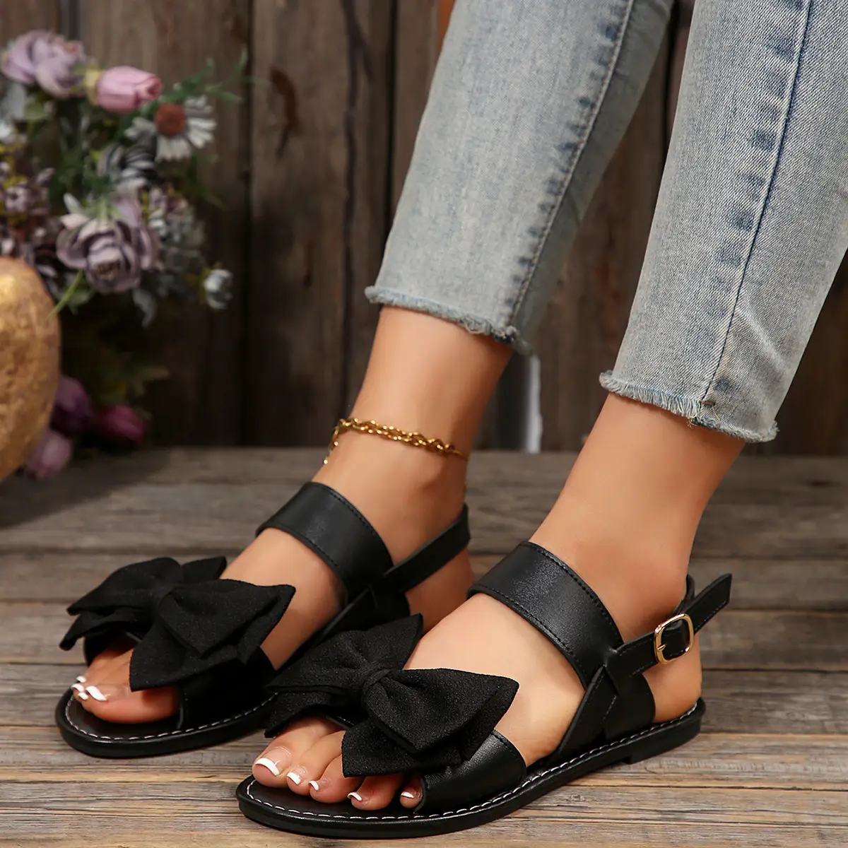 Women's Black Bow Flat Sandals 2025 Plus Size — feature 5
