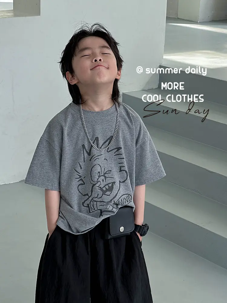 Kids Grey Printed T-Shirt 2025 Summer New Boys - Image 2
