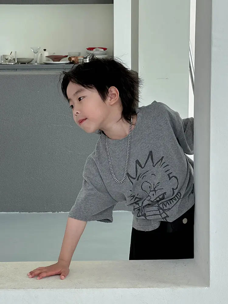 Kids Grey Printed T-Shirt 2025 Summer New Boys - Image 3