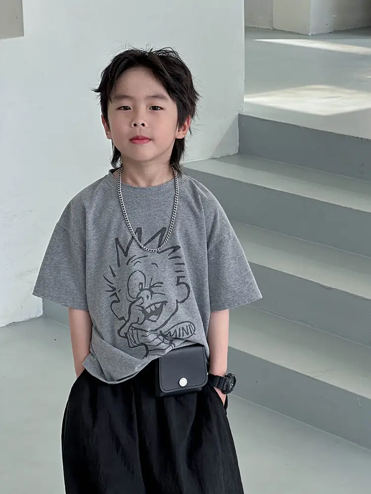 Kids Grey Printed T-Shirt 2025 Summer New Boys - Image 4