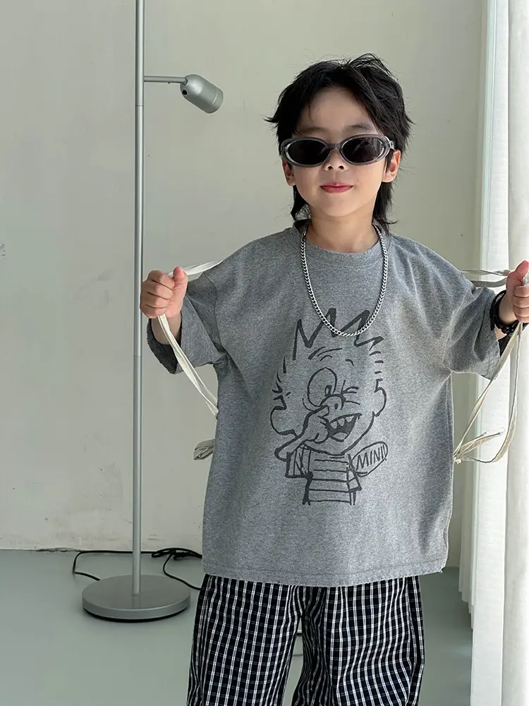Kids Grey Printed T-Shirt 2025 Summer New Boys - Image 5