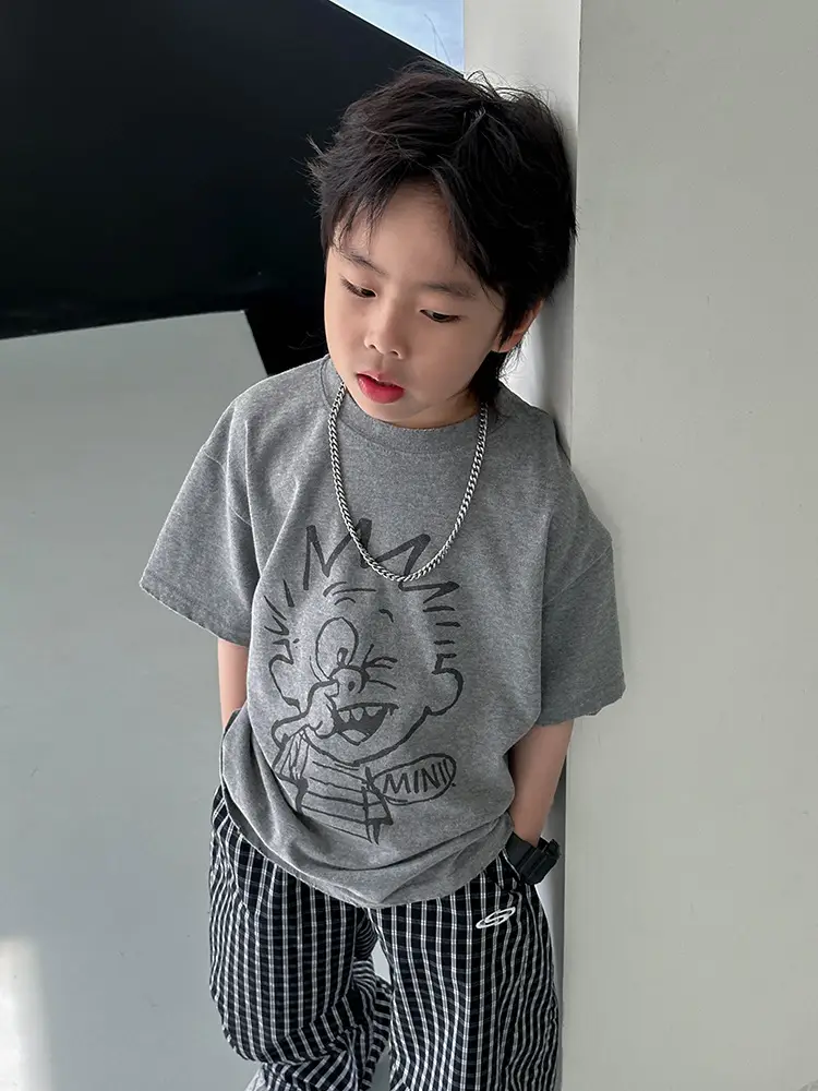 Kids Grey Printed T-Shirt 2025 Summer New Boys - Image 6