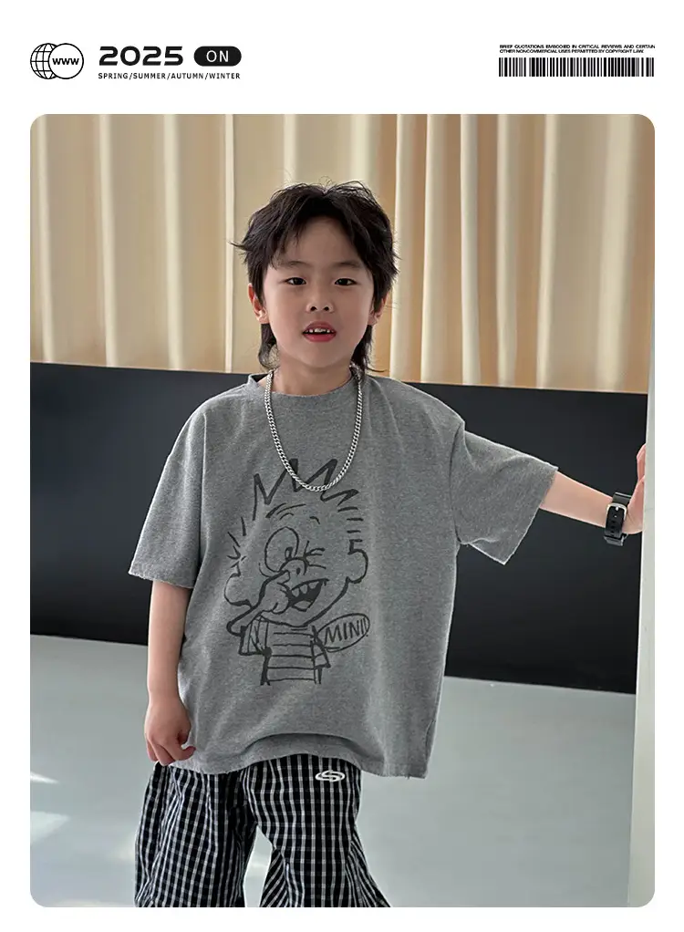 Kids Grey Printed T-Shirt 2025 Summer New Boys — feature 1