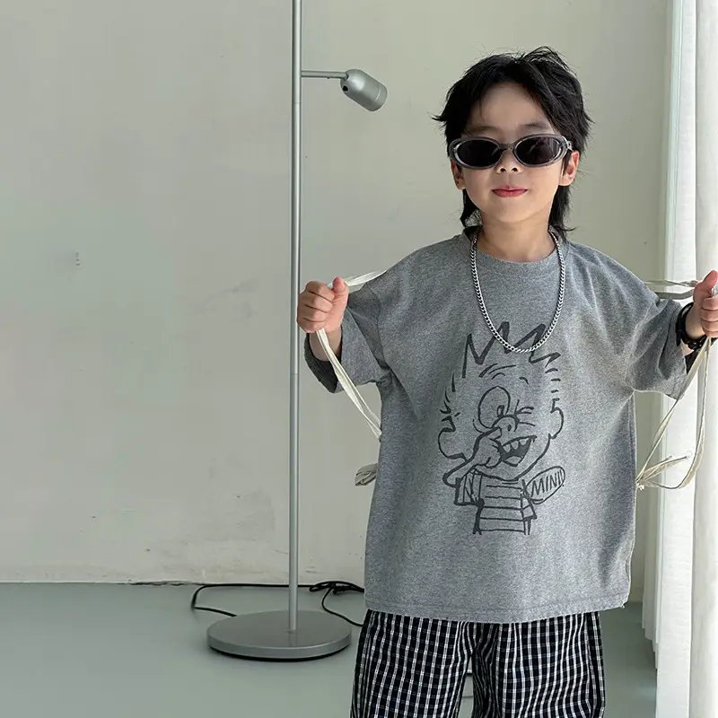 Kids Grey Printed T-Shirt 2025 Summer New Boys