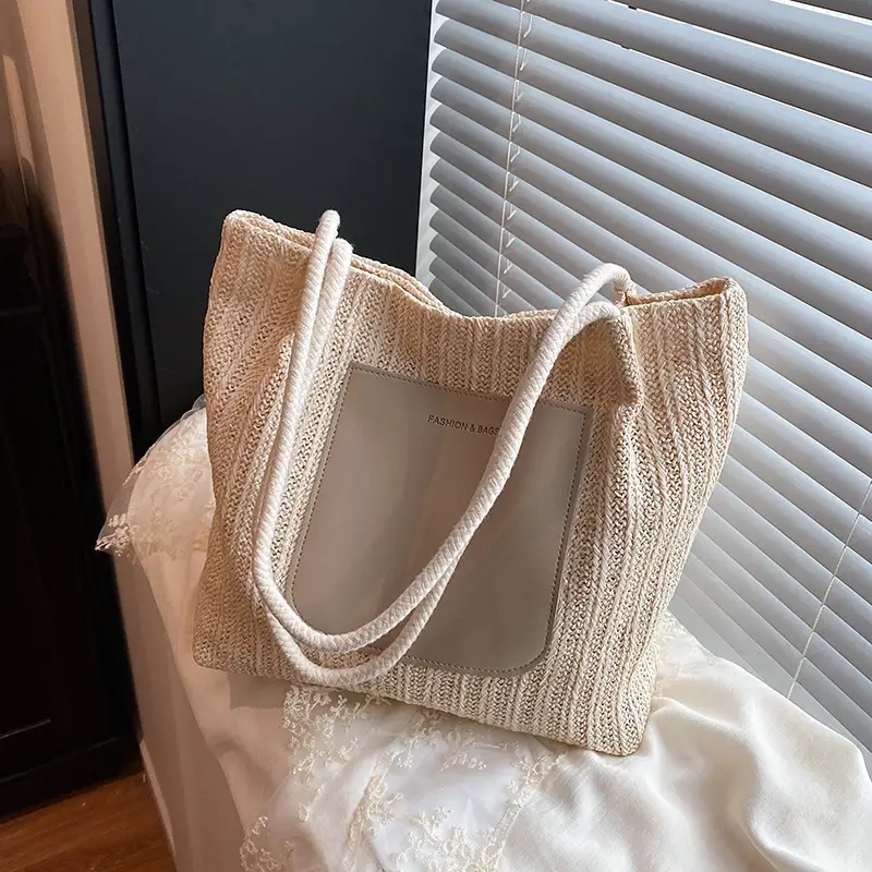 Beige Woven Straw Shoulder Bag Large Capacity