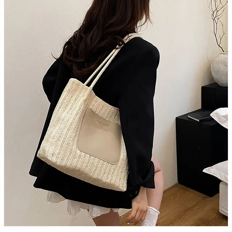 Beige Woven Straw Shoulder Bag Large Capacity — feature 12