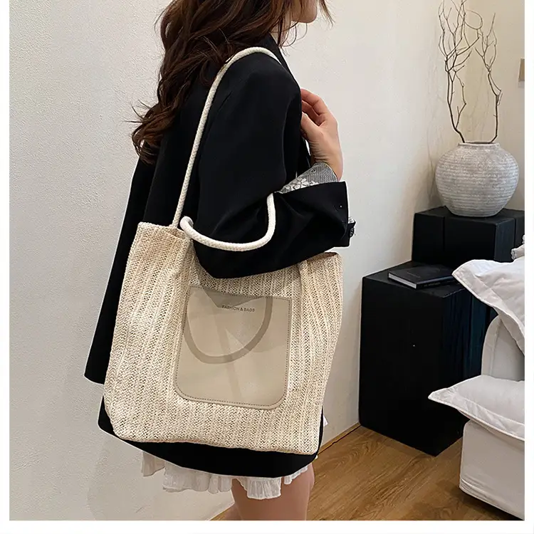 Beige Woven Straw Shoulder Bag Large Capacity — feature 13