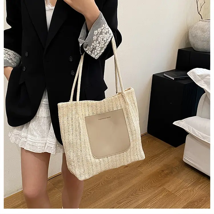 Beige Woven Straw Shoulder Bag Large Capacity — feature 14