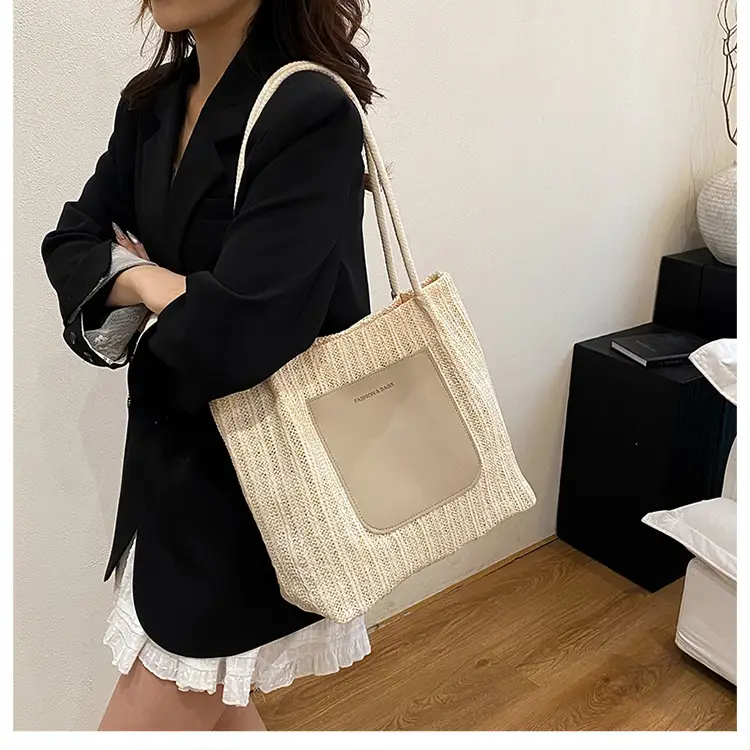 Beige Woven Straw Shoulder Bag Large Capacity — feature 15