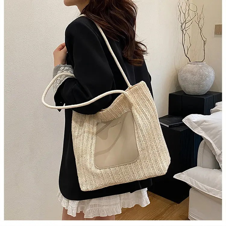 Beige Woven Straw Shoulder Bag Large Capacity — feature 16