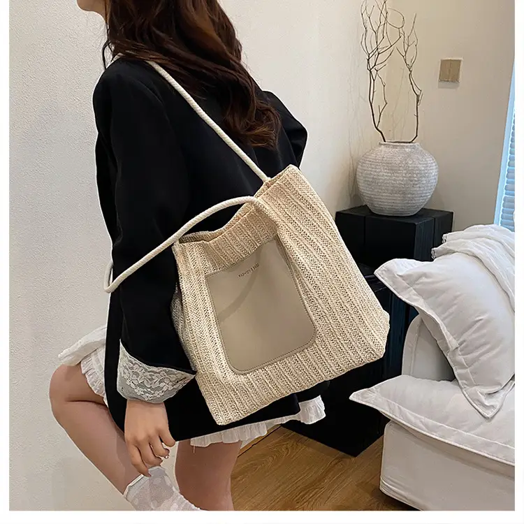 Beige Woven Straw Shoulder Bag Large Capacity — feature 17